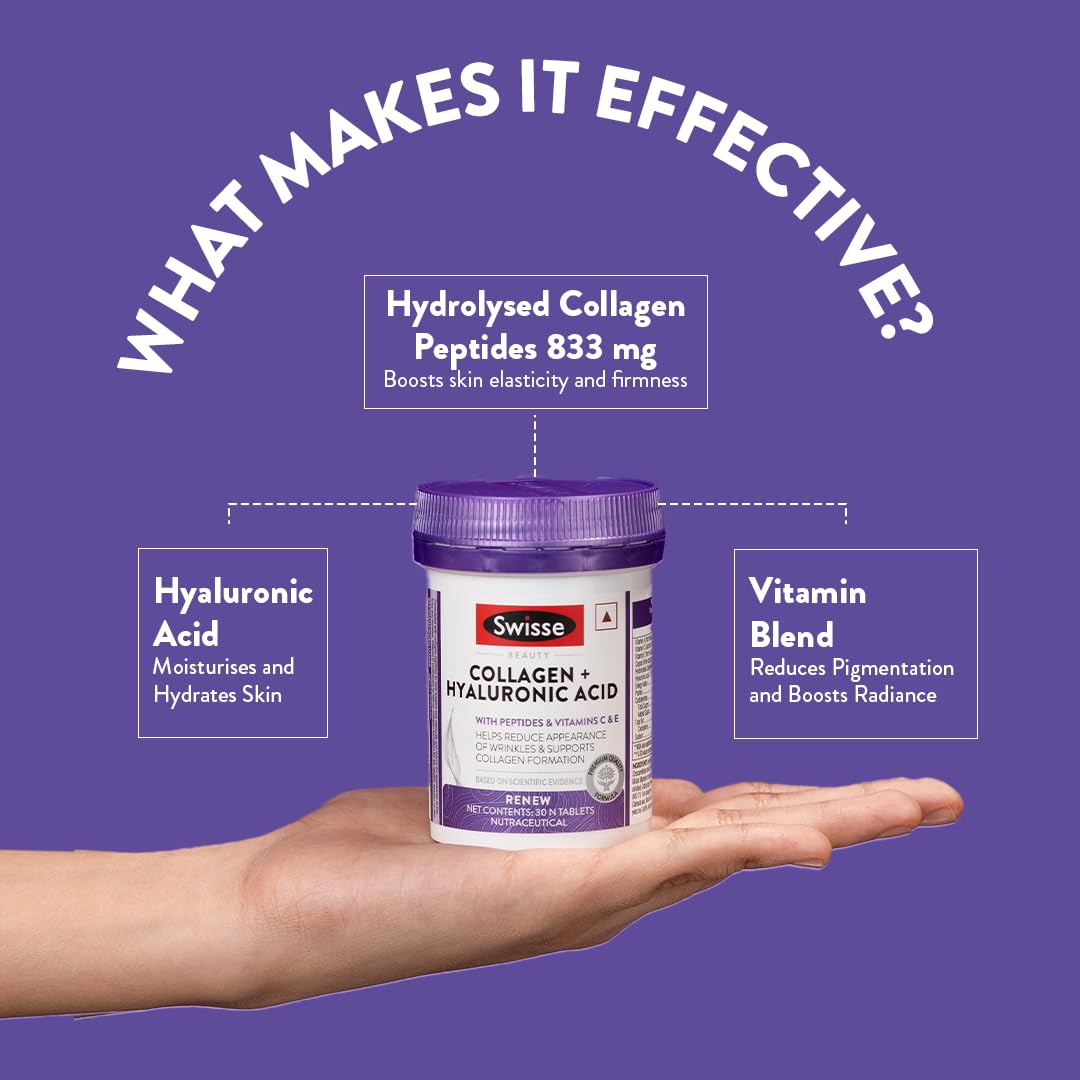 Swisse Collagen+ Hyaluronic Acid Supplement, 30 Tablets with Peptides, Vitamins C & E, Unisex Adult - back view
