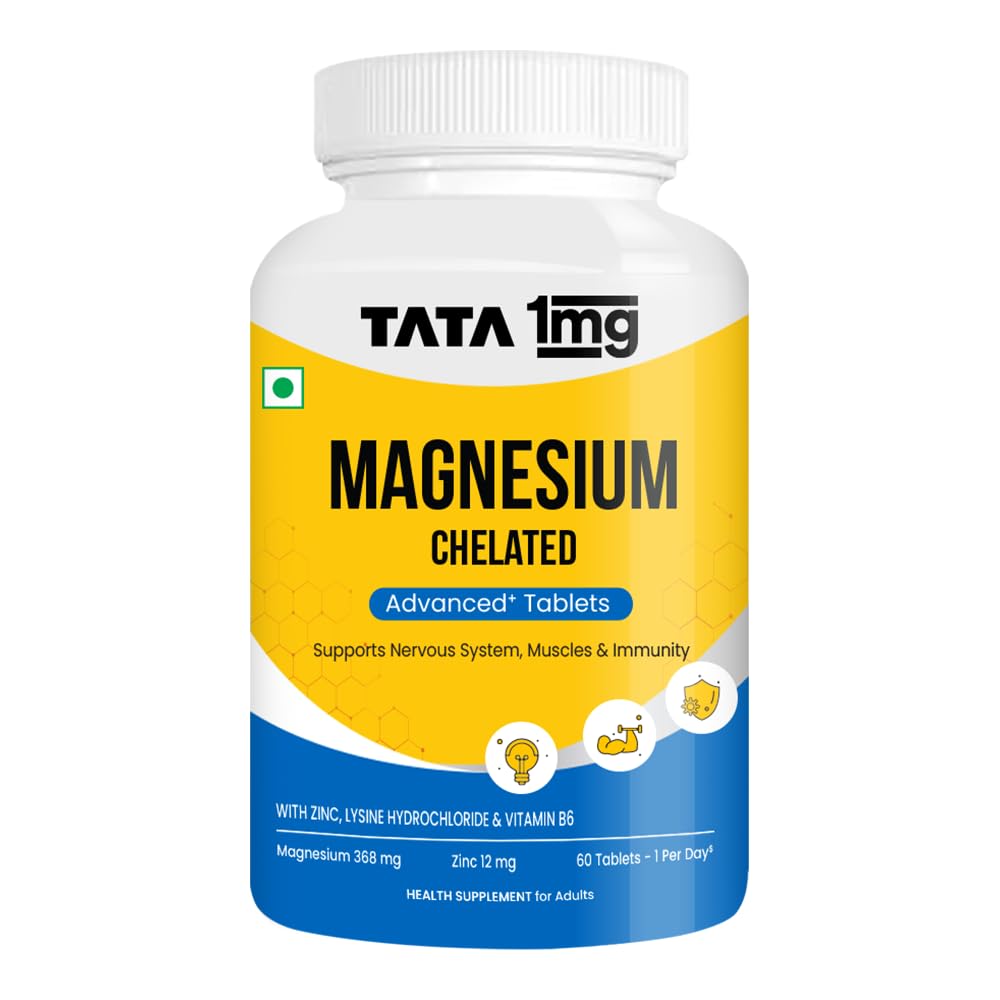 TATA 1MG Chelated Magnesium Plus Tablets, 368 mg Elemental Magnesium with Zinc & Vitamin B6, 60 Tablets, Mineral Supplement
