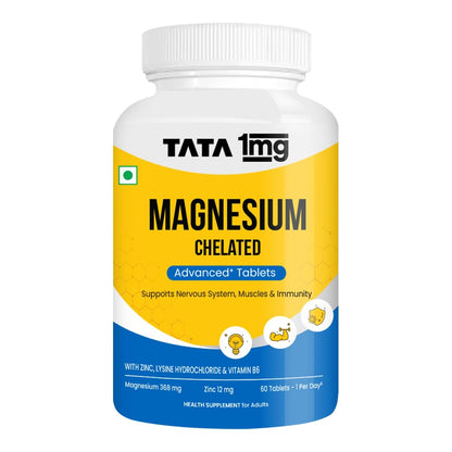 TATA 1MG Chelated Magnesium Plus Tablets, 368 mg Elemental Magnesium with Zinc & Vitamin B6, 60 Tablets, Mineral Supplement