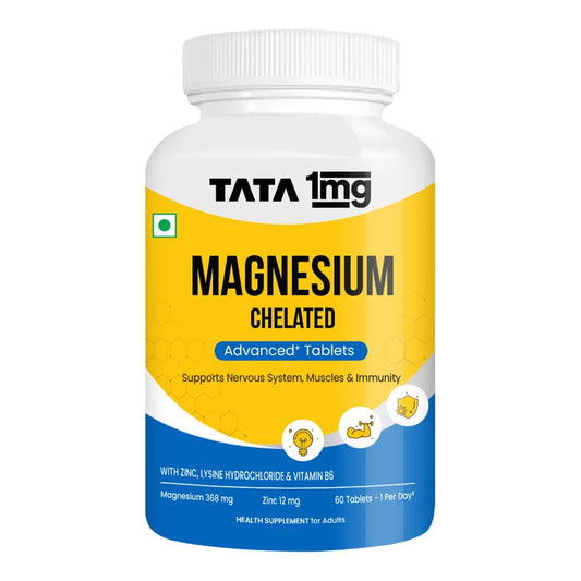 TATA 1MG Chelated Magnesium Plus Tablets, 368 mg Elemental Magnesium with Zinc & Vitamin B6, 60 Tablets, Mineral Supplement