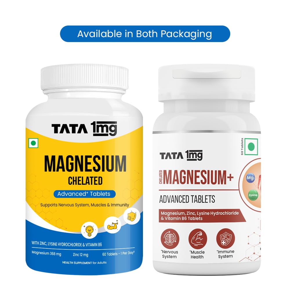 TATA 1MG Chelated Magnesium Plus Tablets, 368 mg Elemental Magnesium with Zinc & Vitamin B6, 60 Tablets, Mineral Supplement -