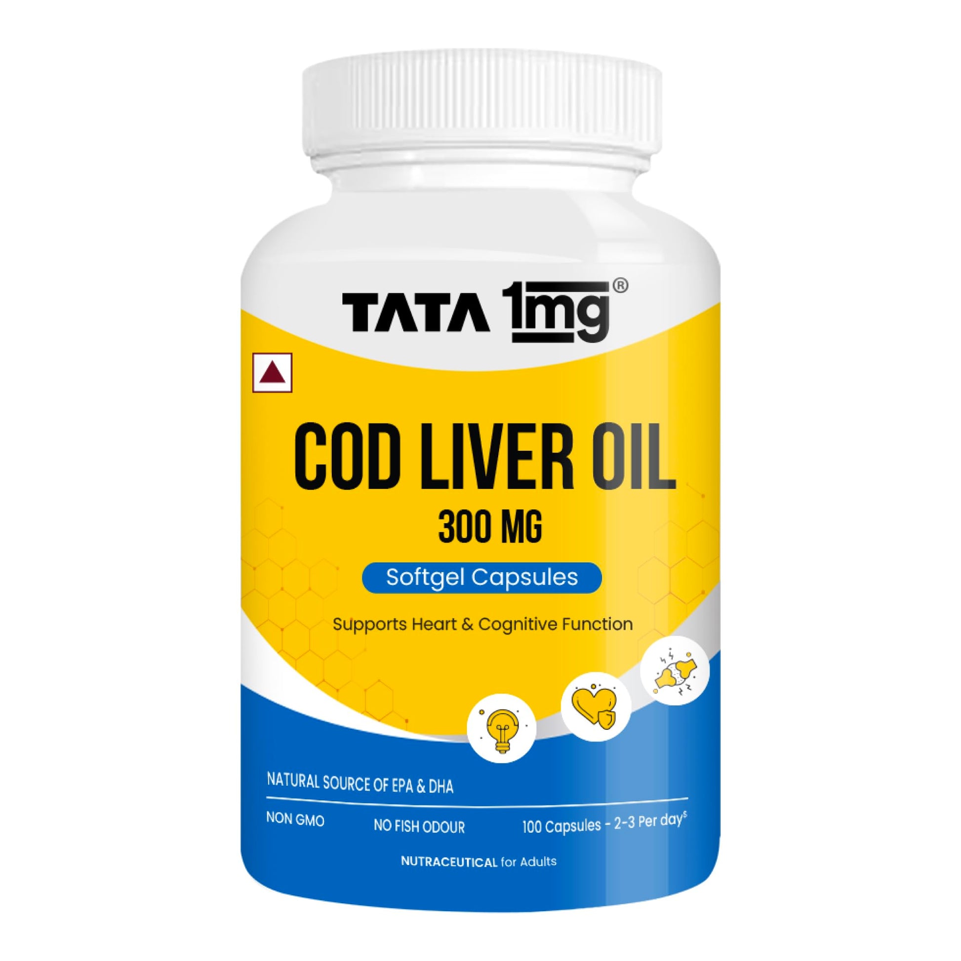 TATA 1MG Cod Liver Oil Supplement, 100 Capsules, Omega-3 with Vitamin A & D, Non-GMO, No Fish Odor