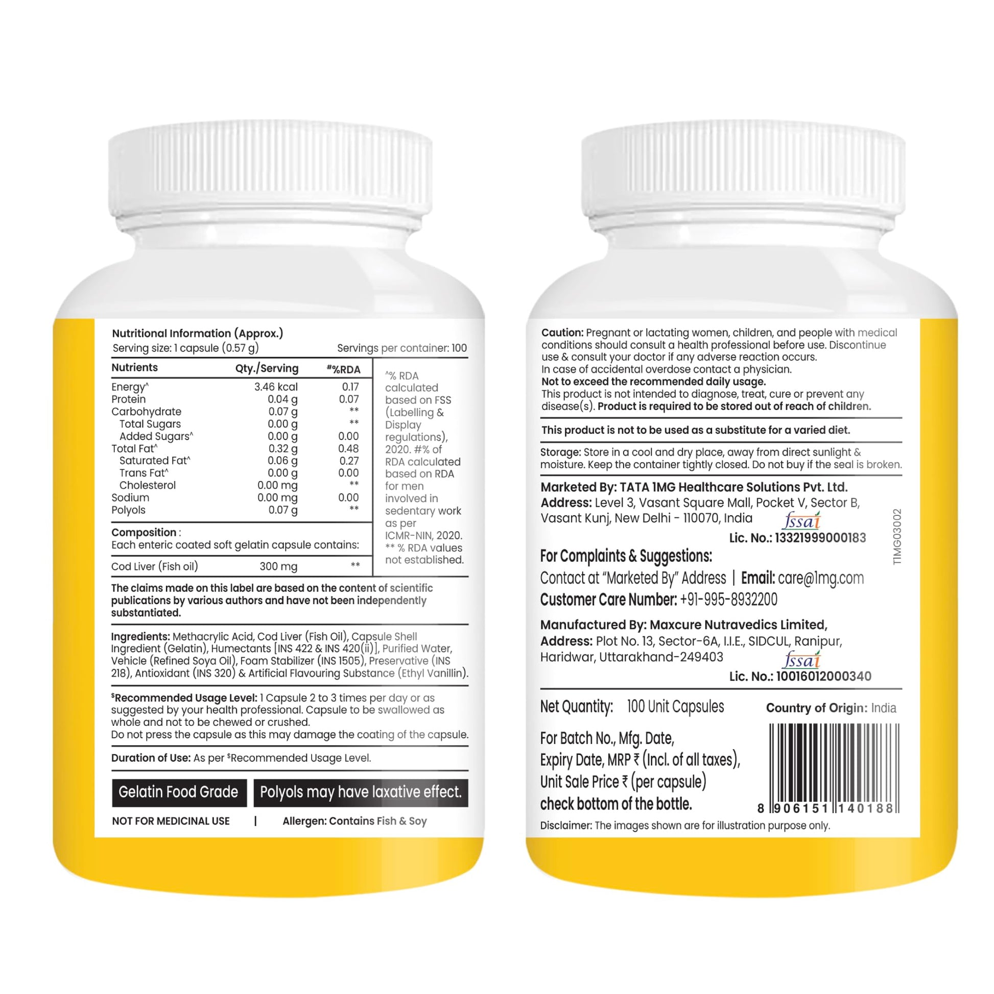 TATA 1MG Cod Liver Oil Supplement, 100 Capsules, Omega-3 with Vitamin A & D, Non-GMO, No Fish Odor - front view
