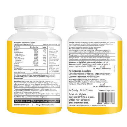 TATA 1MG Cod Liver Oil Supplement, 100 Capsules, Omega-3 with Vitamin A & D, Non-GMO, No Fish Odor - front view