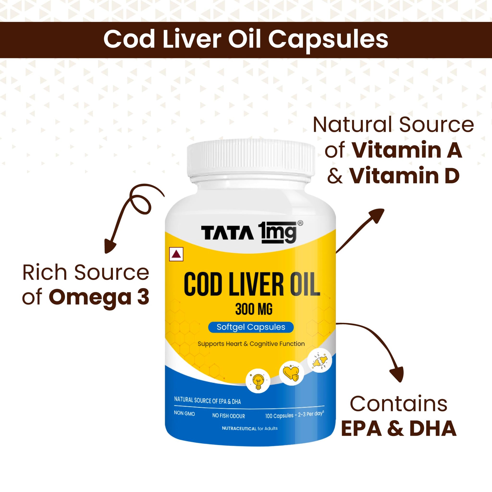TATA 1MG Cod Liver Oil Supplement, 100 Capsules, Omega-3 with Vitamin A & D, Non-GMO, No Fish Odor - back view