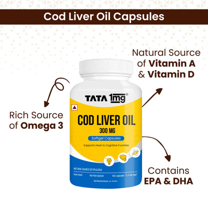 TATA 1MG Cod Liver Oil Supplement, 100 Capsules, Omega-3 with Vitamin A & D, Non-GMO, No Fish Odor - back view
