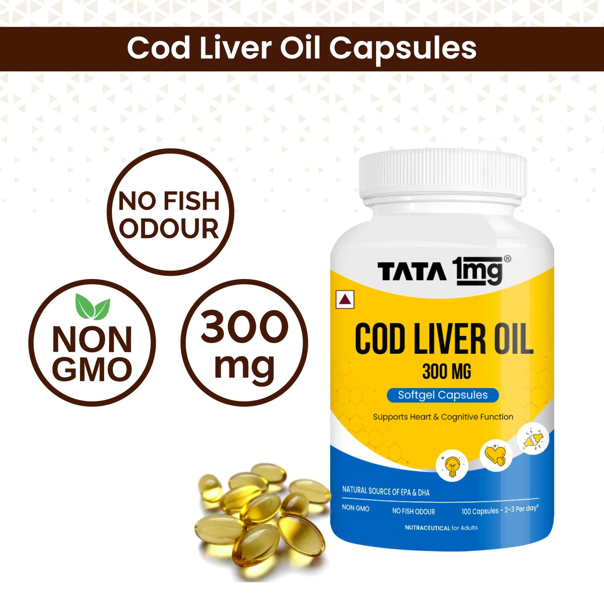 TATA 1MG Cod Liver Oil Supplement, 100 Capsules, Omega-3 with Vitamin A & D, Non-GMO, No Fish Odor - packaging