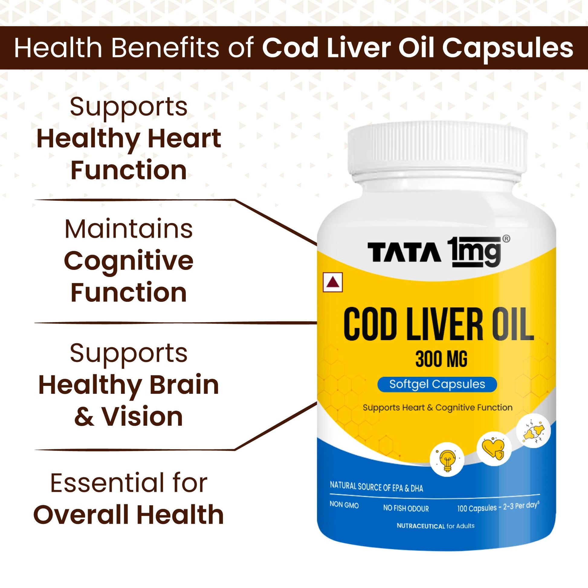 TATA 1MG Cod Liver Oil Supplement, 100 Capsules, Omega-3 with Vitamin A & D, Non-GMO, No Fish Odor - label detail