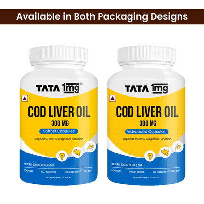TATA 1MG Cod Liver Oil Supplement, 100 Capsules, Omega-3 with Vitamin A & D, Non-GMO, No Fish Odor - ingredients panel
