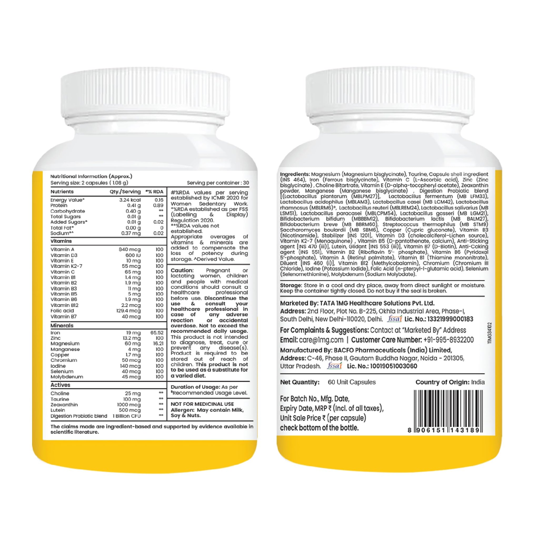 Tata 1mg Daily Multivitamin with 13 Vitamins, 9 Minerals, Probiotics and Botanicals, 60 Capsules - front view