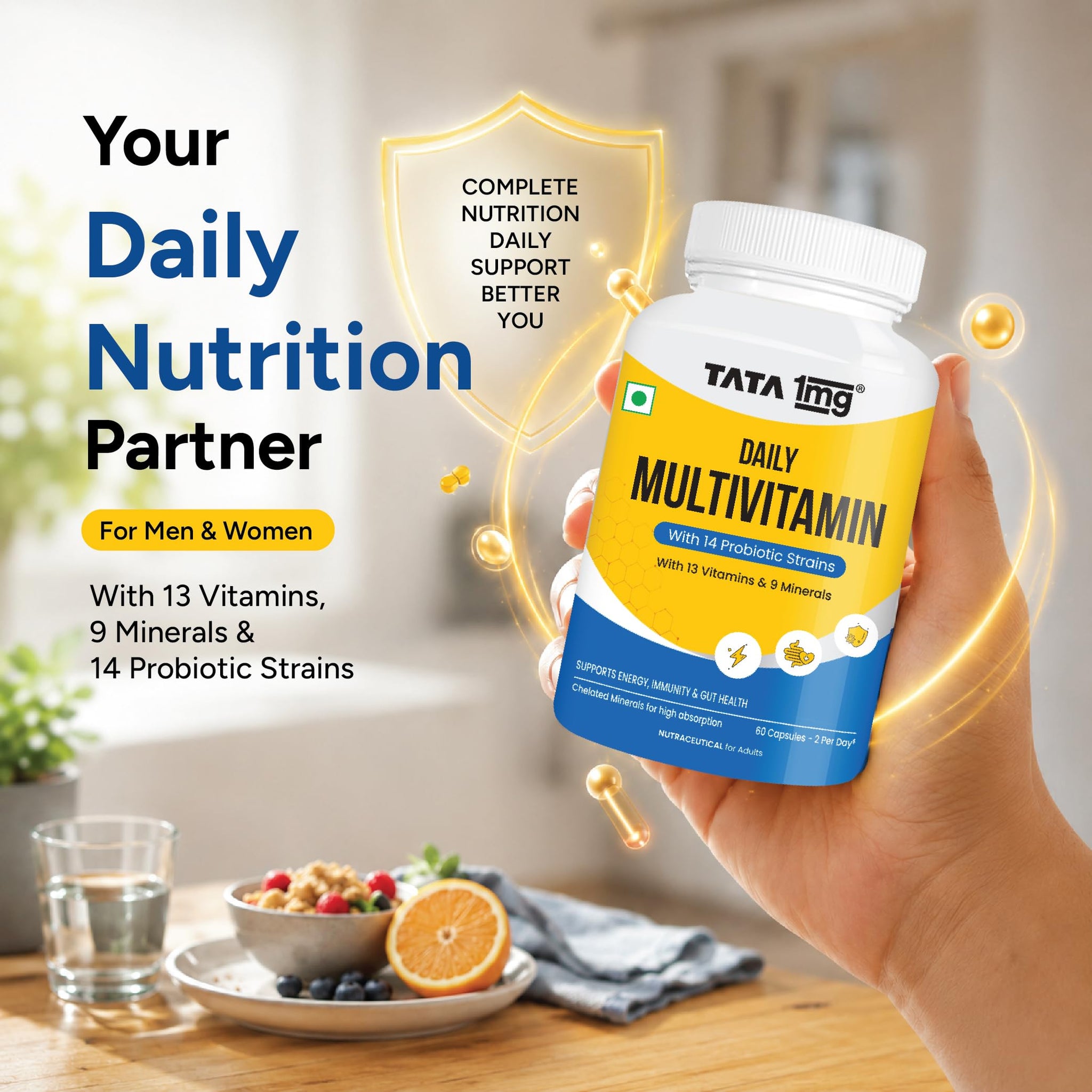 Tata 1mg Daily Multivitamin with 13 Vitamins, 9 Minerals, Probiotics and Botanicals, 60 Capsules - back view