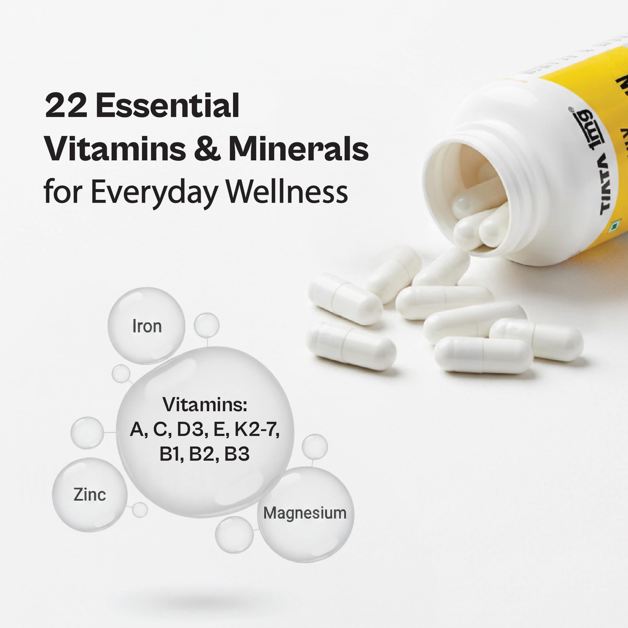 Tata 1mg Daily Multivitamin with 13 Vitamins, 9 Minerals, Probiotics and Botanicals, 60 Capsules - packaging