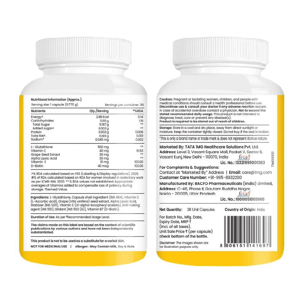 TATA 1MG Glutathione Advanced Capsule, 30 Tablets with Vitamin C E Biotin Grape Seed Extract - front view