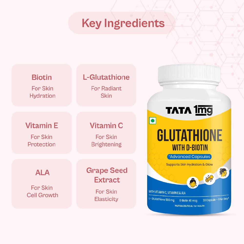 TATA 1MG Glutathione Advanced Capsule, 30 Tablets with Vitamin C E Biotin Grape Seed Extract - label detail