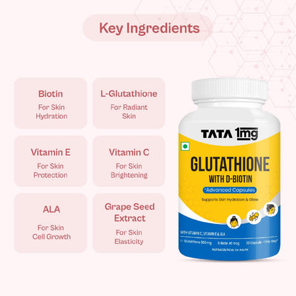 TATA 1MG Glutathione Advanced Capsule, 30 Tablets with Vitamin C E Biotin Grape Seed Extract - label detail