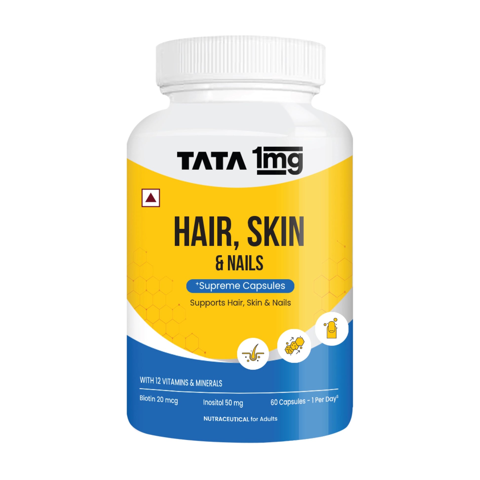 Tata 1mg Hair, Skin & Nails Supreme Biotin Capsule with Collagen, Zinc, Iron and Vitamin B, For Men & Women, Pack of 60