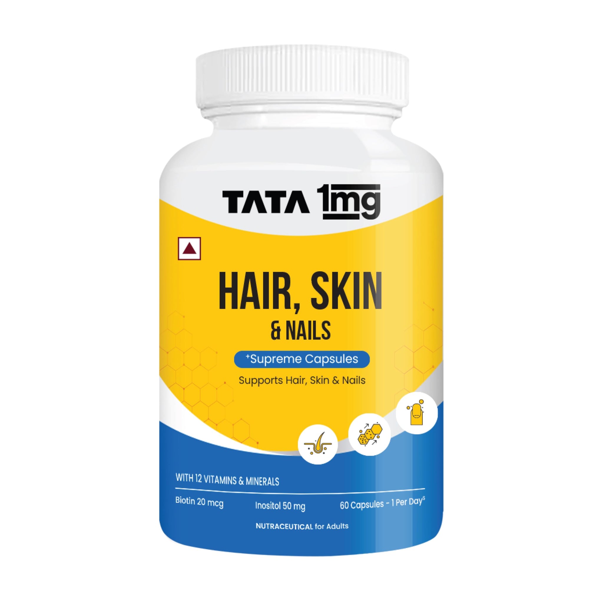 Tata 1mg Hair, Skin & Nails Supreme Biotin Capsule with Collagen, Zinc, Iron and Vitamin B, For Men & Women, Pack of 60