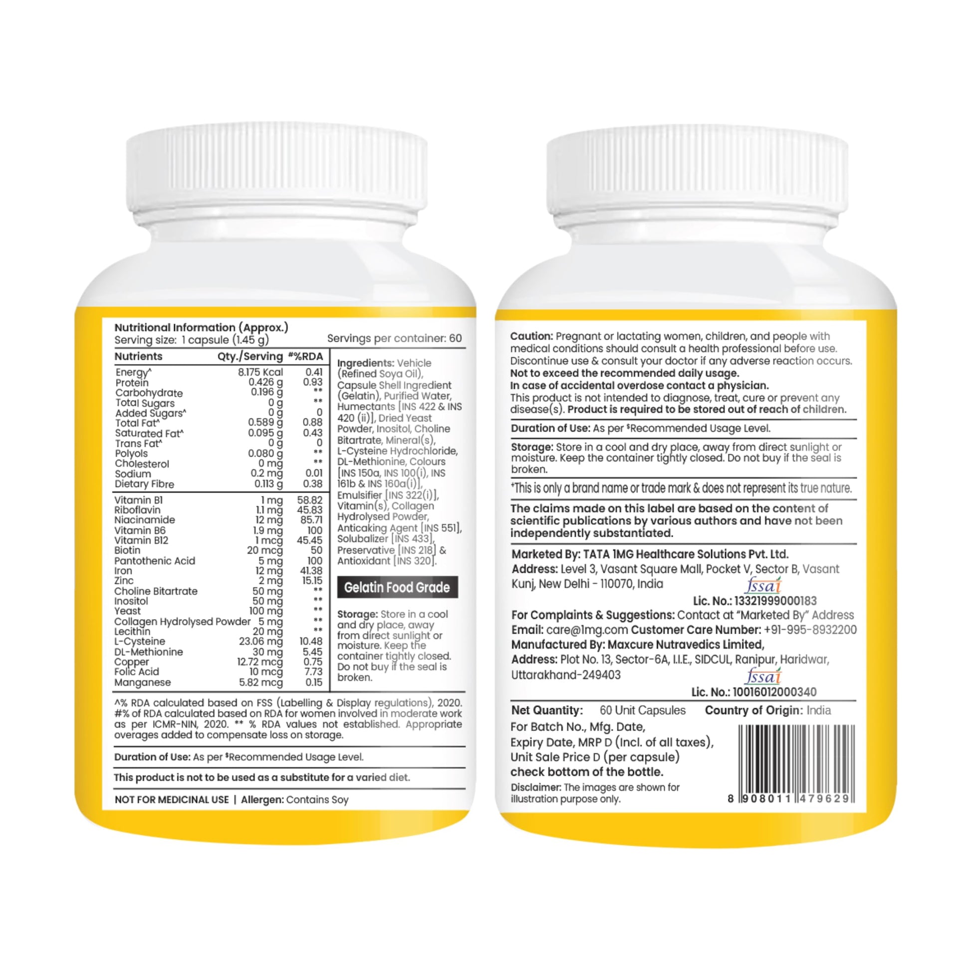 Tata 1mg Hair, Skin & Nails Supreme Biotin Capsule with Collagen, Zinc, Iron and Vitamin B, For Men & Women, Pack of 60 - fro