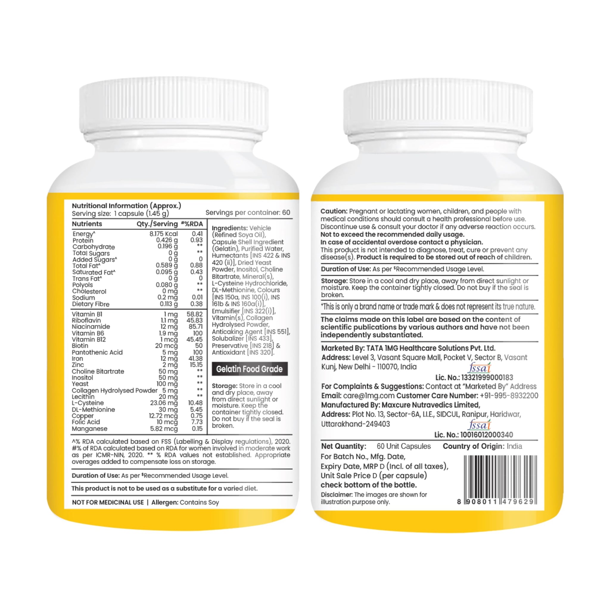 Tata 1mg Hair, Skin & Nails Supreme Biotin Capsule with Collagen, Zinc, Iron and Vitamin B, For Men & Women, Pack of 60 - fro