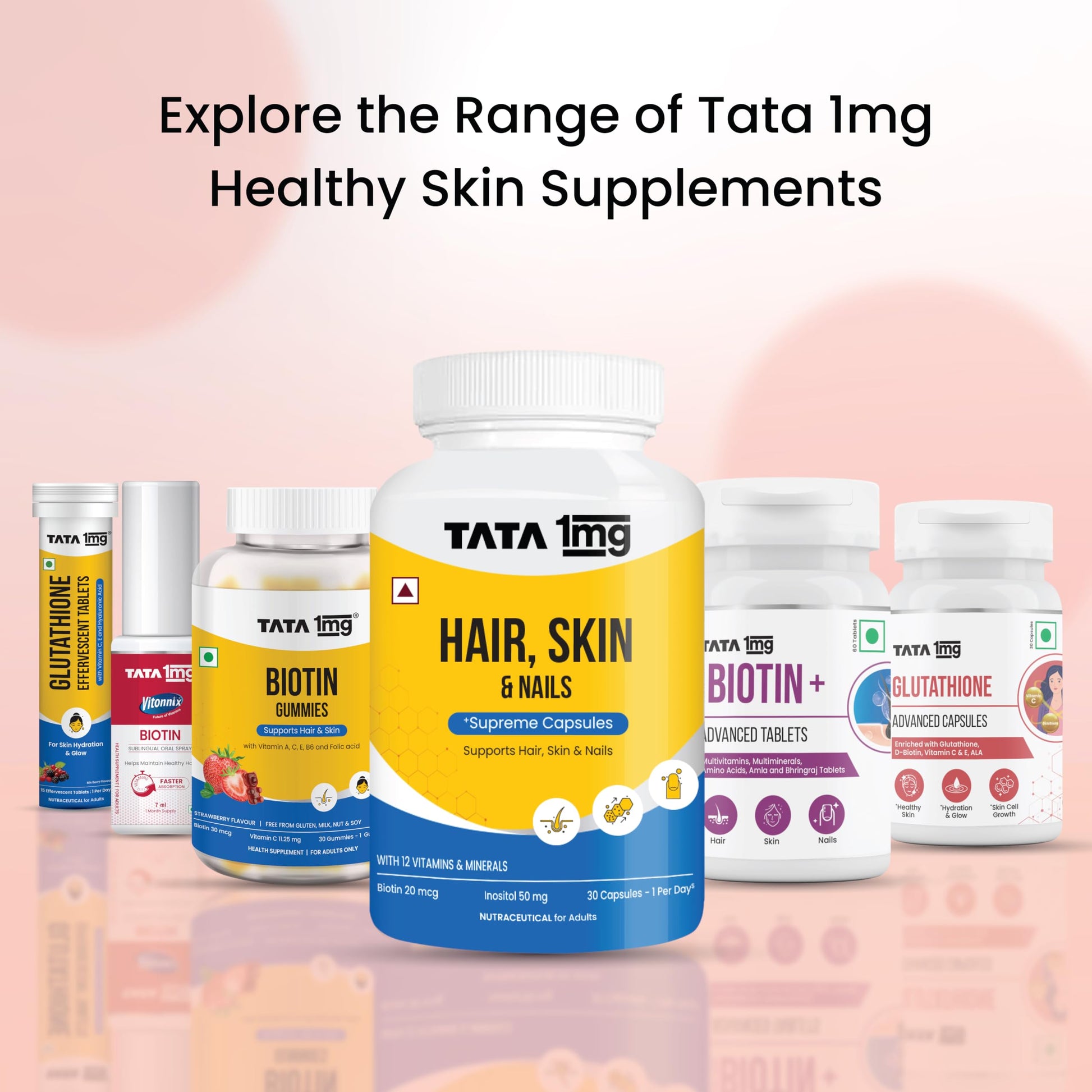 Tata 1mg Hair, Skin & Nails Supreme Biotin Capsule with Collagen, Zinc, Iron and Vitamin B, For Men & Women, Pack of 60 - clo