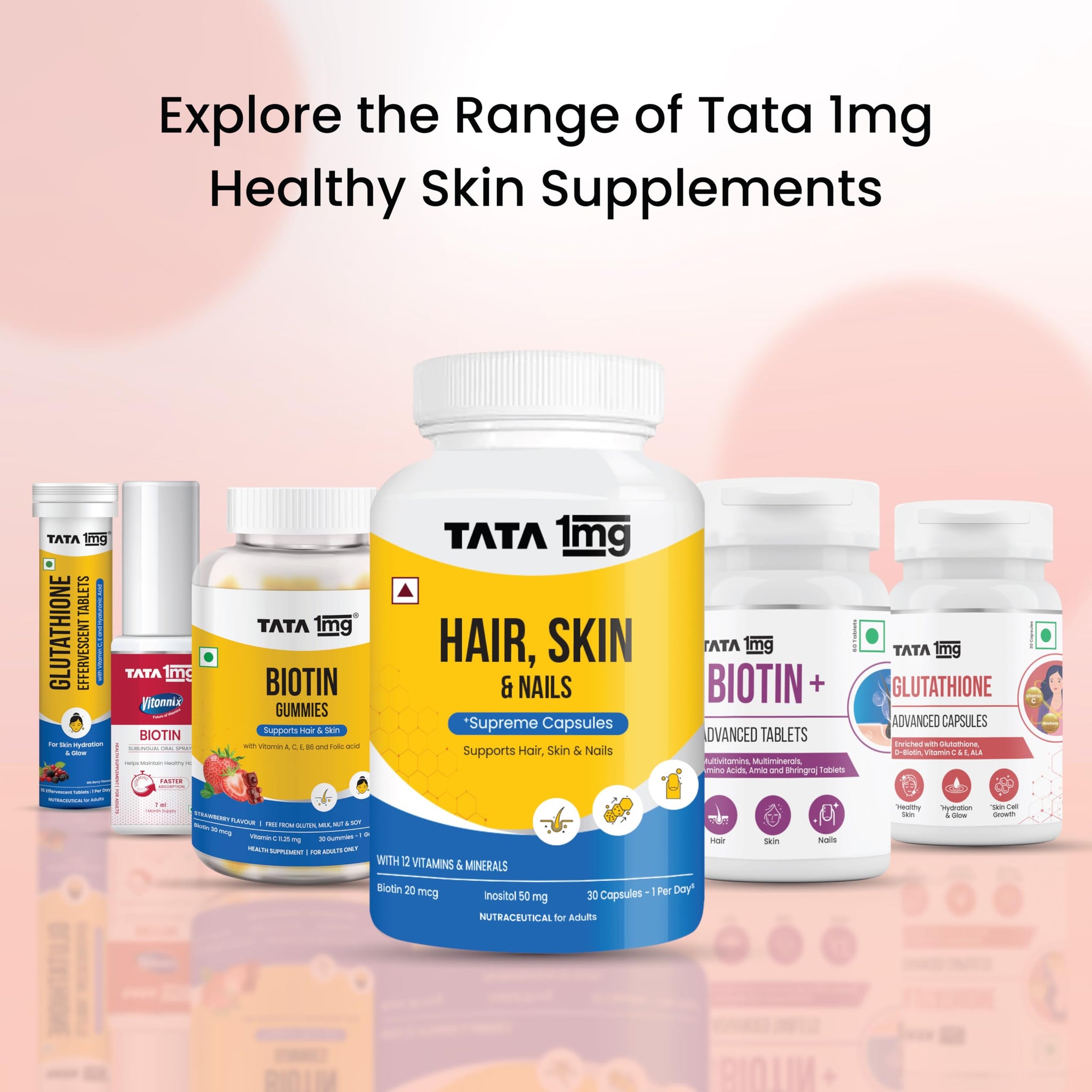 Tata 1mg Hair, Skin & Nails Supreme Biotin Capsule with Collagen, Zinc, Iron and Vitamin B, For Men & Women, Pack of 60 - clo