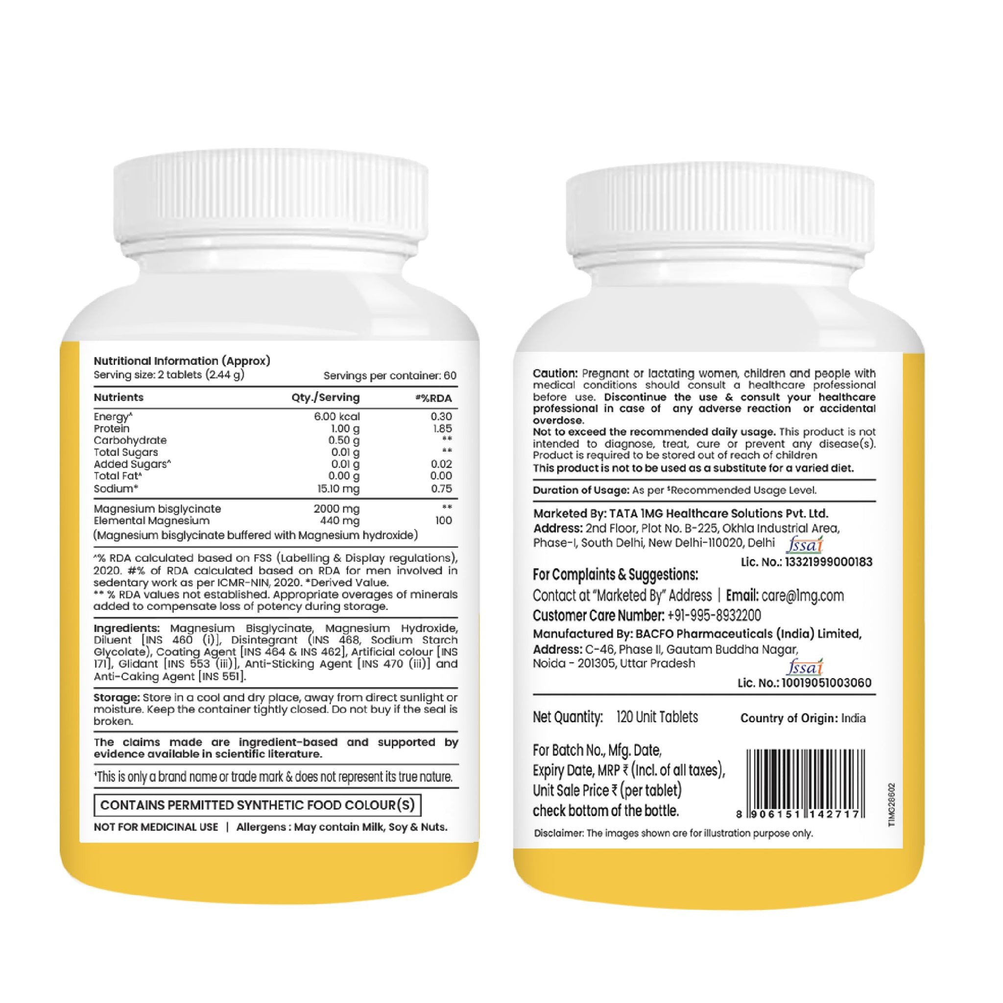 TATA 1MG Magnesium Glycinate Tablets, 2000mg, Chelated Mineral Supplement - front view (16)