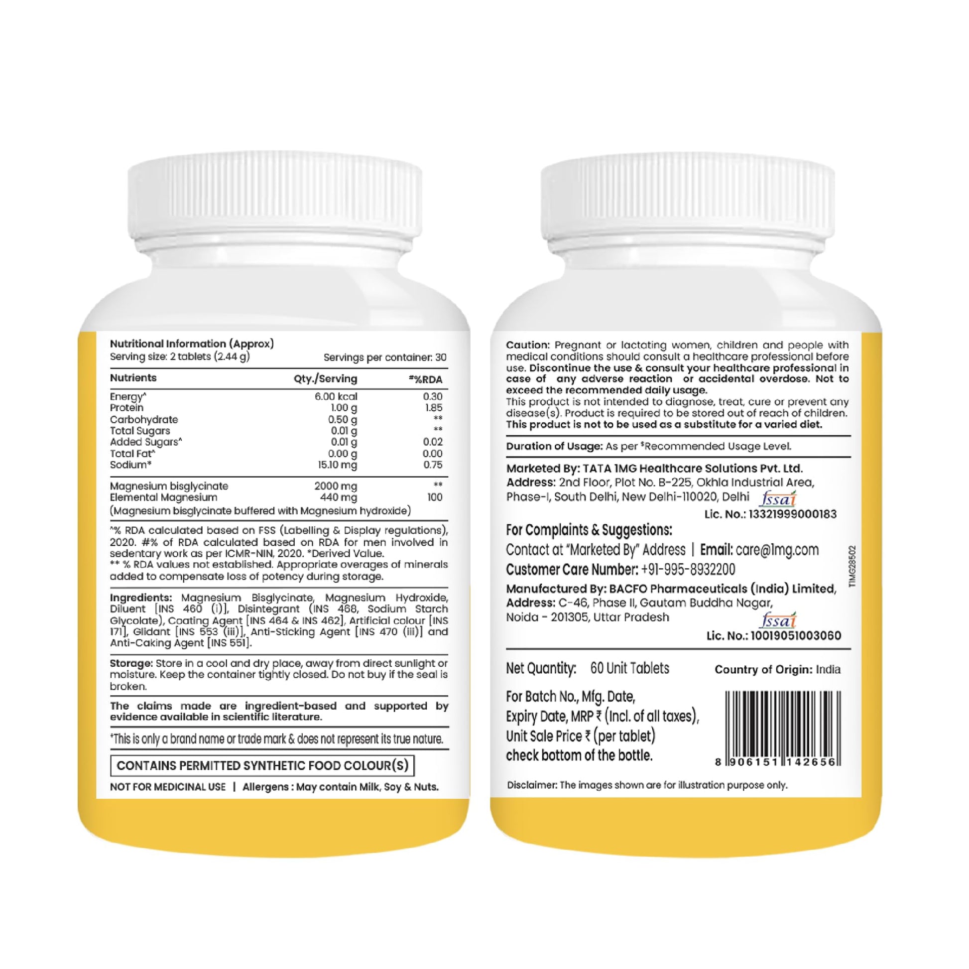 TATA 1MG Magnesium Glycinate Tablets, 2000mg, Chelated Mineral Supplement - front view