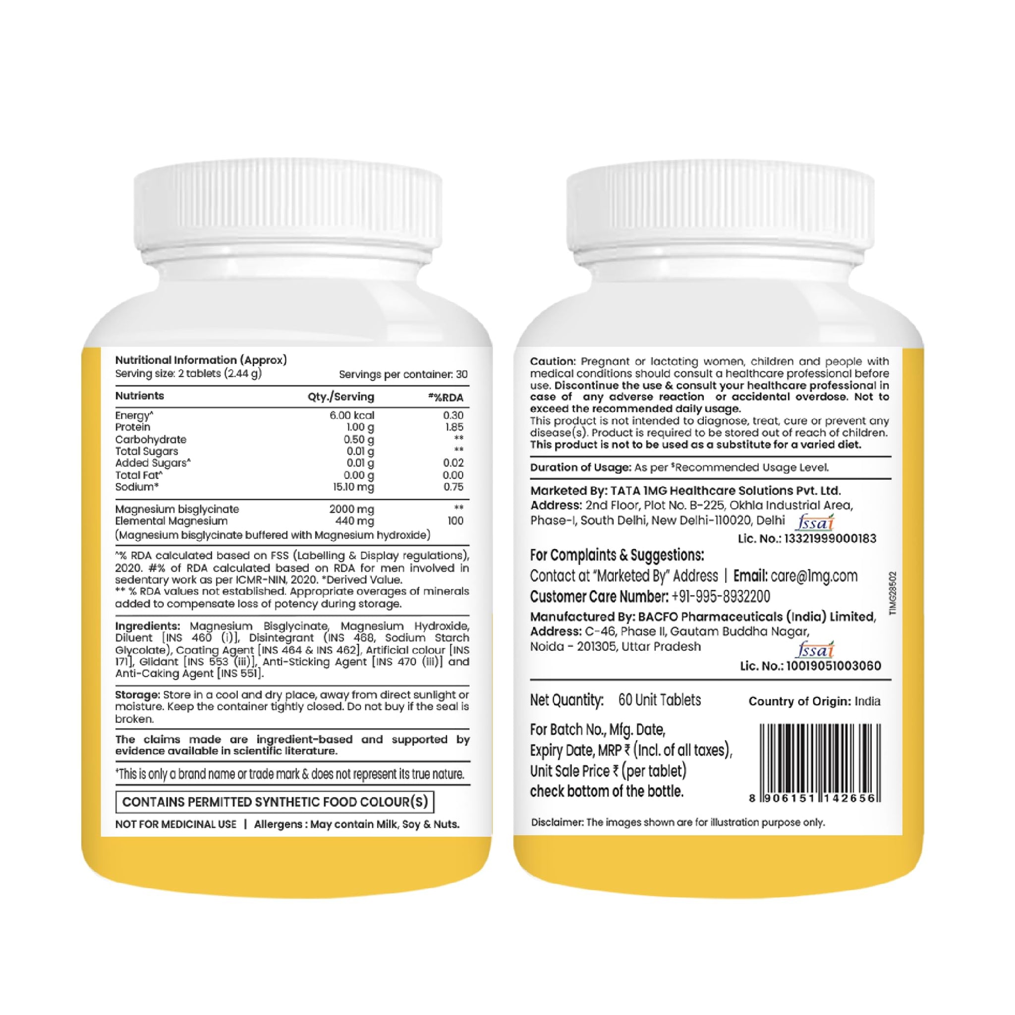 TATA 1MG Magnesium Glycinate Tablets, 2000mg, Chelated Mineral Supplement - front view