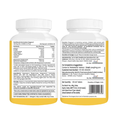 TATA 1MG Magnesium Glycinate Tablets, 2000mg, Chelated Mineral Supplement - front view