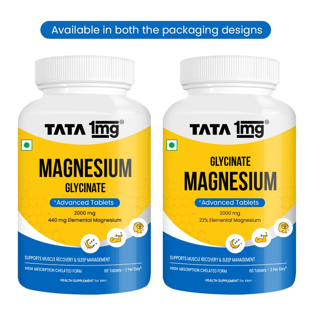 TATA 1MG Magnesium Glycinate Tablets, 2000mg, Chelated Mineral Supplement - size and scale