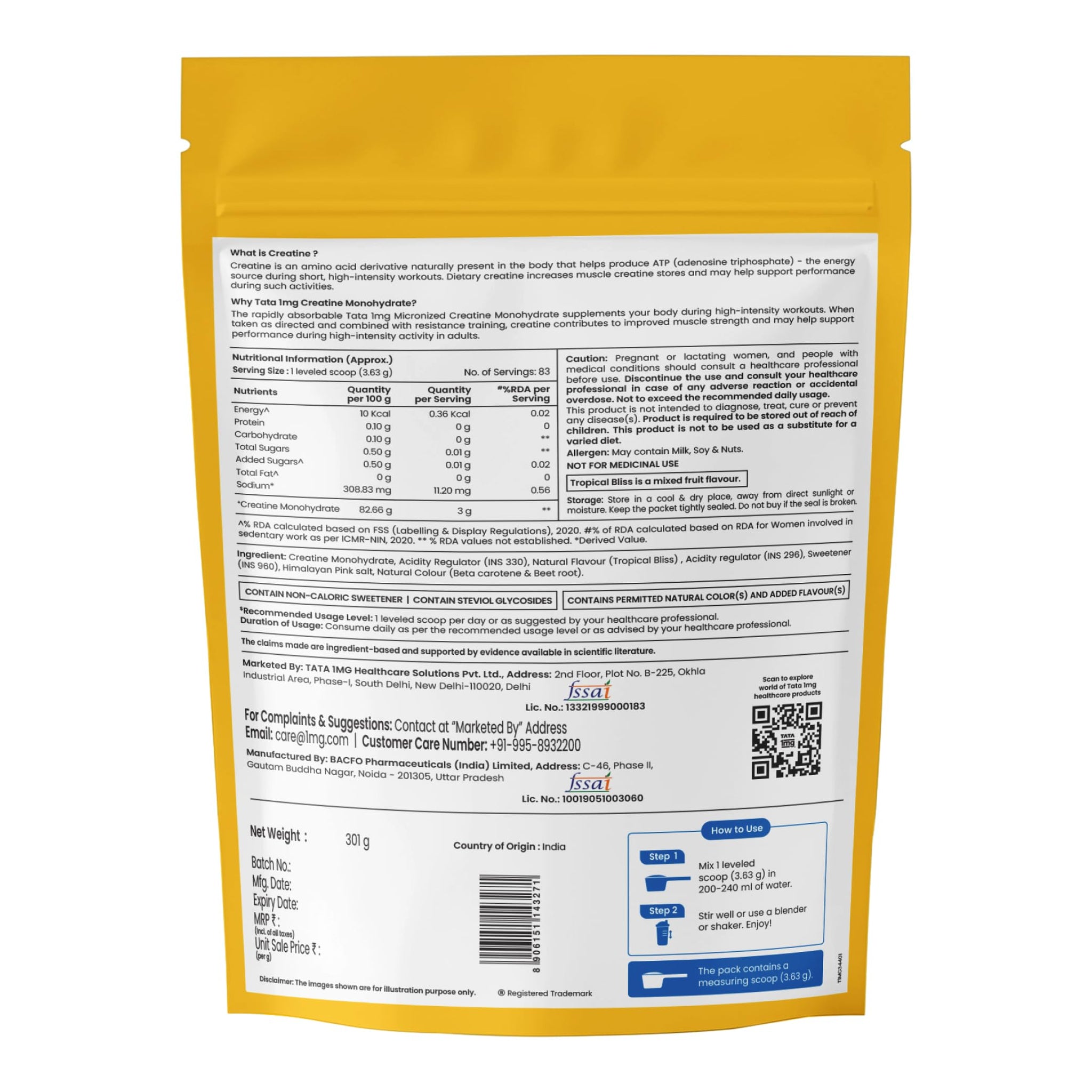 TATA 1MG Micronized Creatine Monohydrate, Nutritional Supplement, Zero Calories, Adult Formula - front view (11)