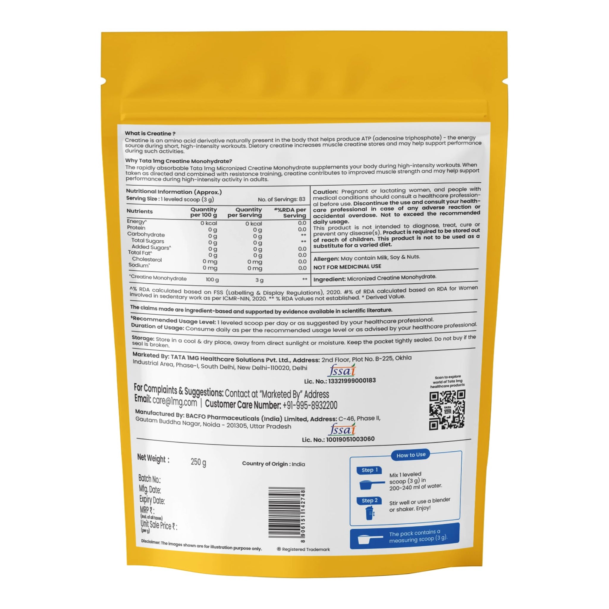 TATA 1MG Micronized Creatine Monohydrate, Nutritional Supplement, Zero Calories, Adult Formula - front view (28)