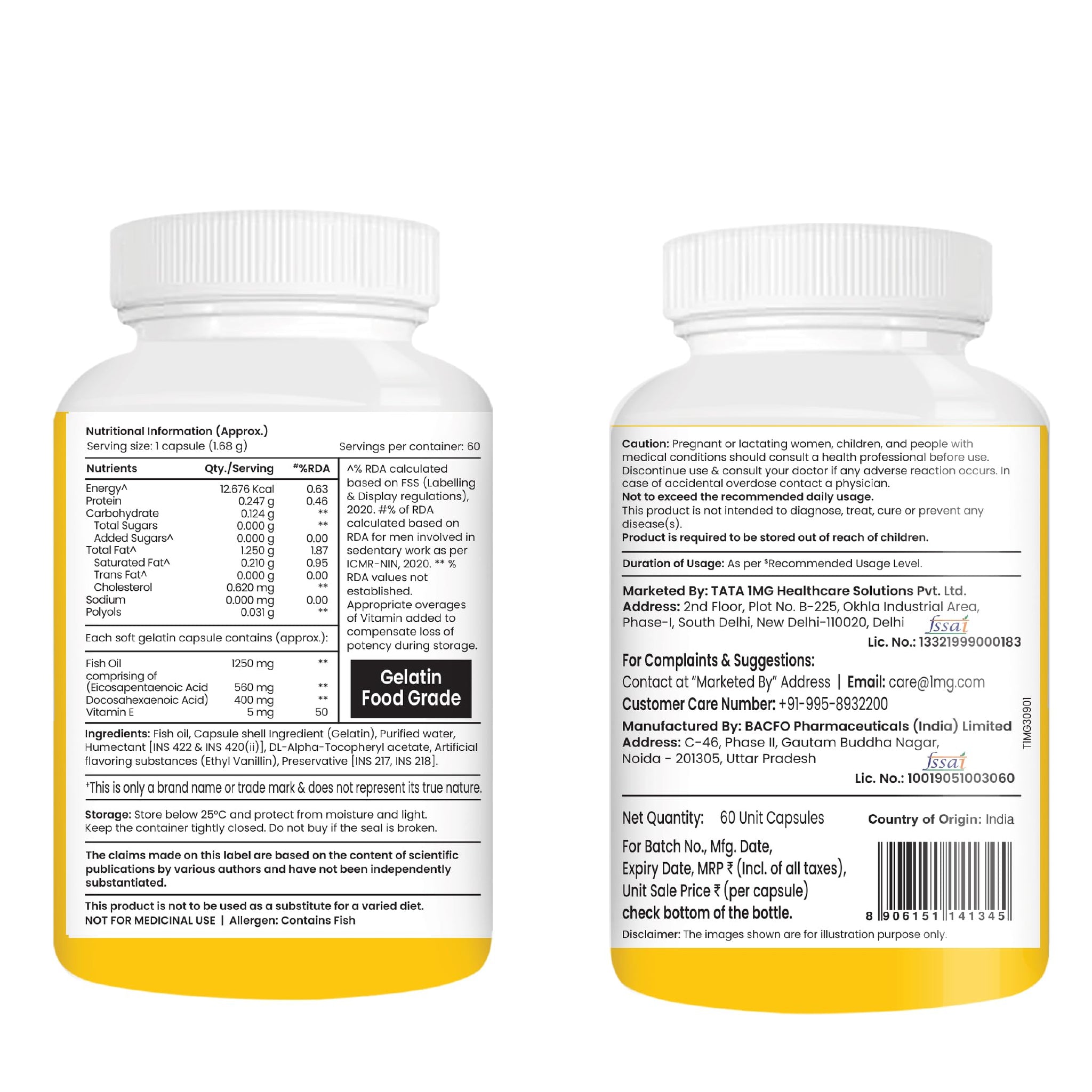 TATA 1MG Omega-3 Fish Oil Supplement, Triglyceride Form with EPA, DHA & Vitamin E - front view (11)