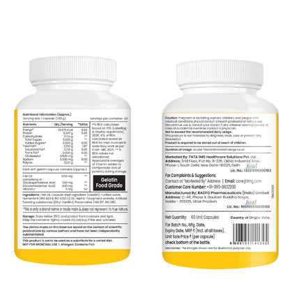 TATA 1MG Omega-3 Fish Oil Supplement, Triglyceride Form with EPA, DHA & Vitamin E - front view (11)