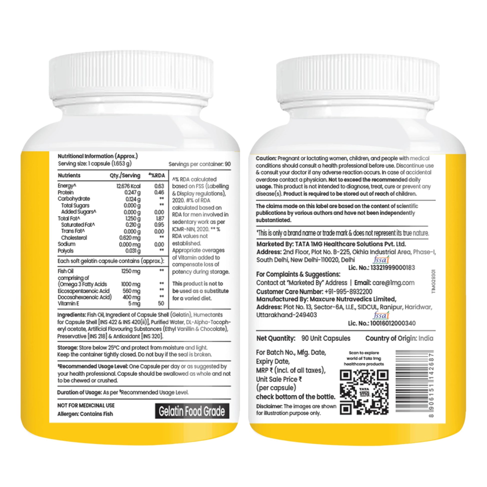TATA 1MG Omega-3 Fish Oil Supplement, Triglyceride Form with EPA, DHA & Vitamin E - front view (18)