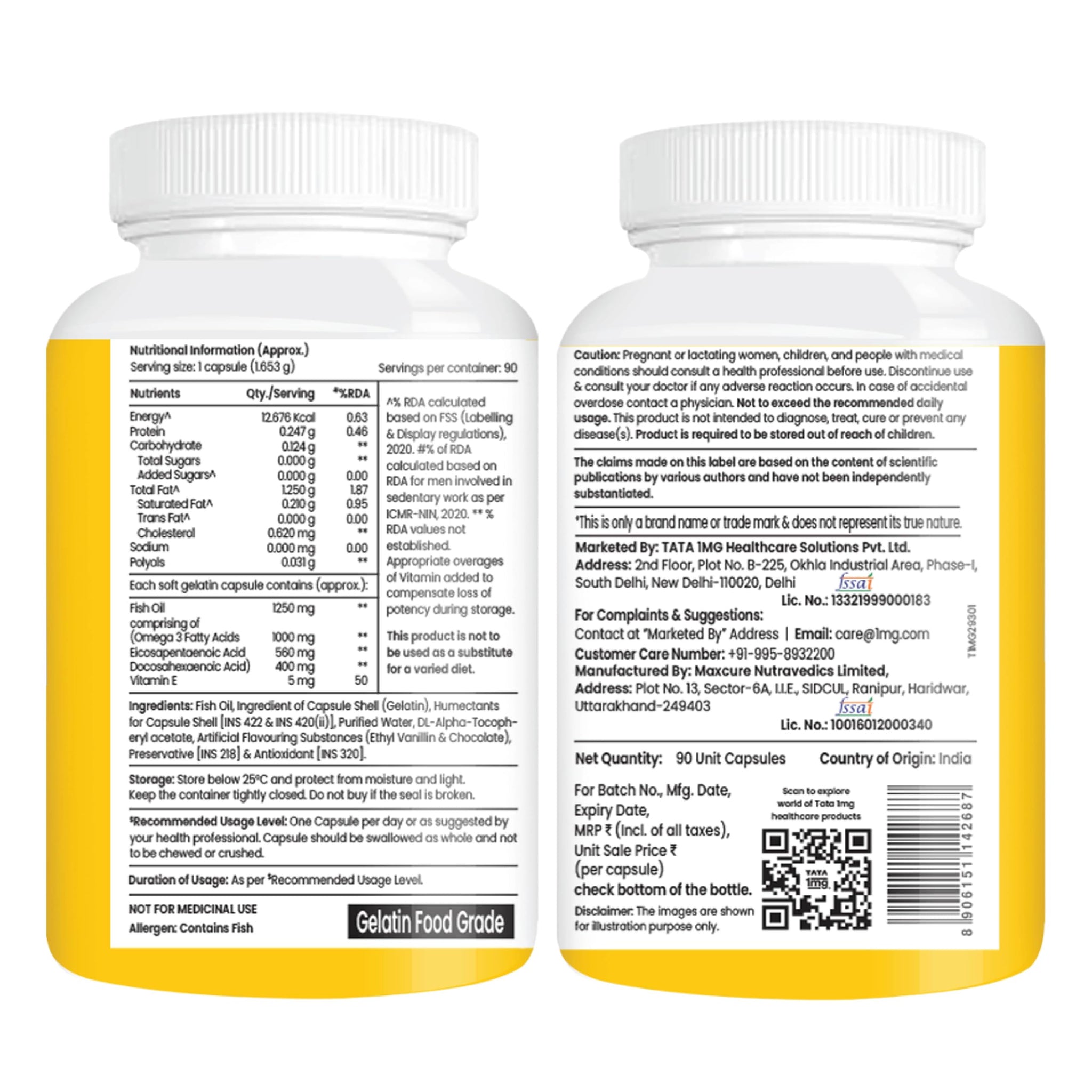 TATA 1MG Omega-3 Fish Oil Supplement, Triglyceride Form with EPA, DHA & Vitamin E - front view (18)