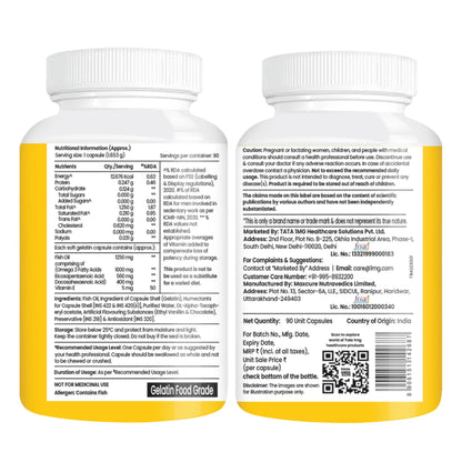 TATA 1MG Omega-3 Fish Oil Supplement, Triglyceride Form with EPA, DHA & Vitamin E - front view (18)