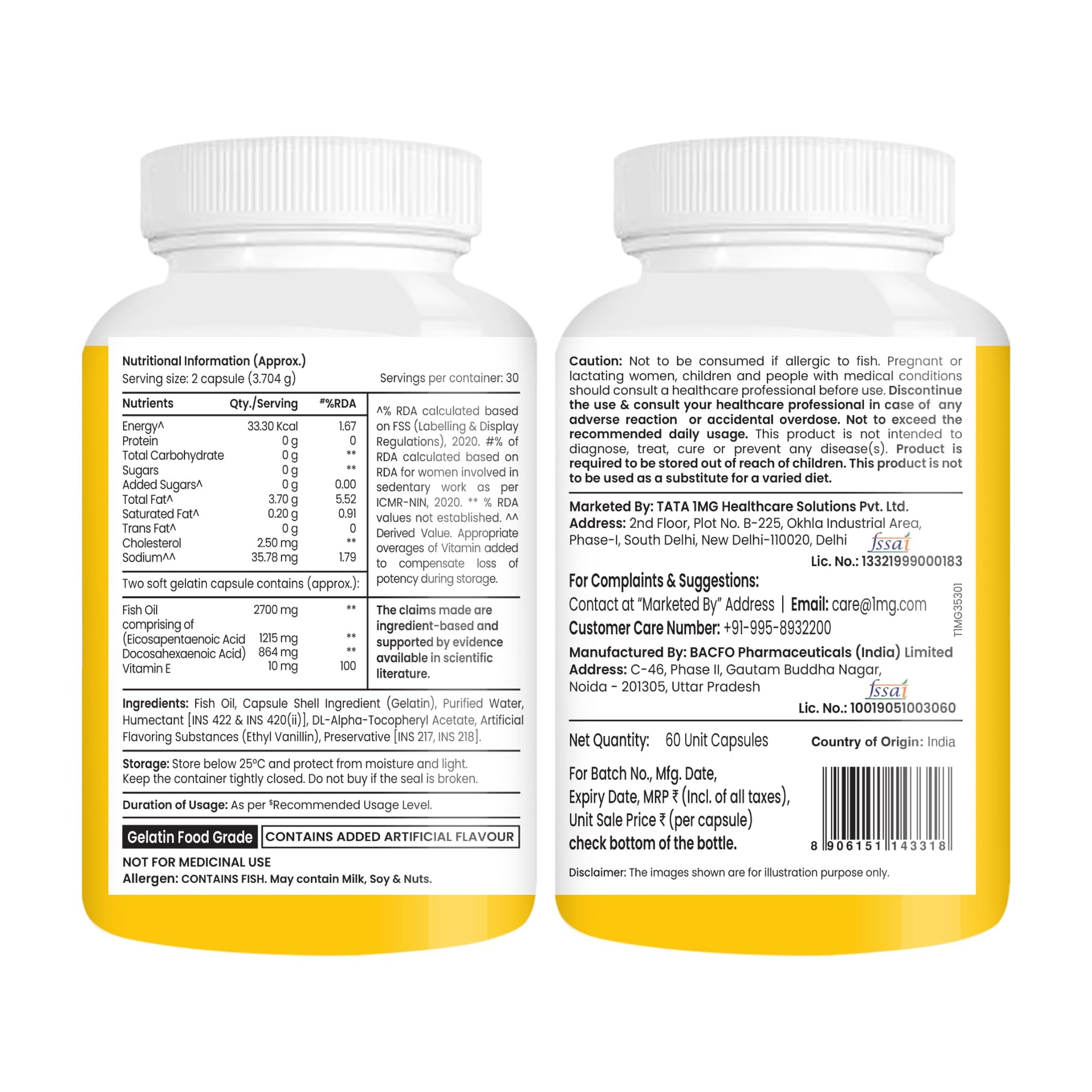 TATA 1MG Omega-3 Fish Oil Supplement, Triglyceride Form with EPA, DHA & Vitamin E - front view