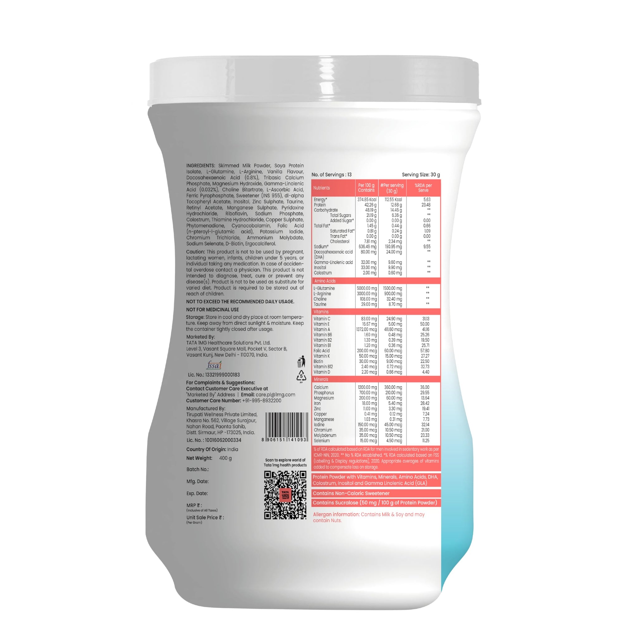 TATA 1MG Pro+ Soy Protein Supplement Powder, 400g, 23 Nutrients, Low Fat, No Added Sugar - front view (11)