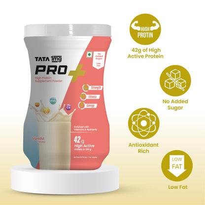 TATA 1MG Pro+ Soy Protein Supplement Powder, 400g, 23 Nutrients, Low Fat, No Added Sugar - label detail (14)