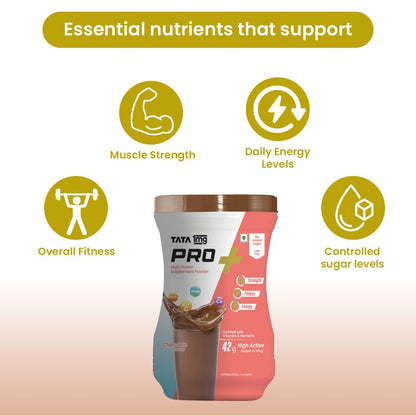 TATA 1MG Pro+ Soy Protein Supplement Powder, 400g, 23 Nutrients, Low Fat, No Added Sugar - packaging