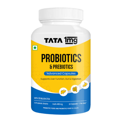 TATA 1MG Probiotic Capsules 30 Billion CFUs Plus Prebiotic Fiber, Adult Unisex Supplement