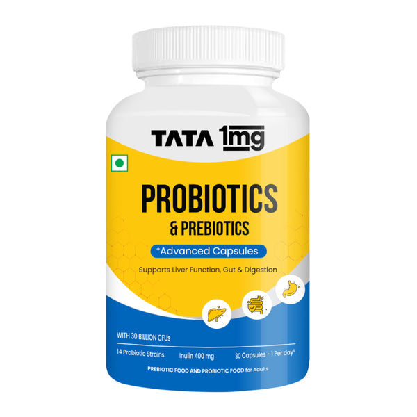 TATA 1MG Probiotic Capsules 30 Billion CFUs Plus Prebiotic Fiber, Adult Unisex Supplement