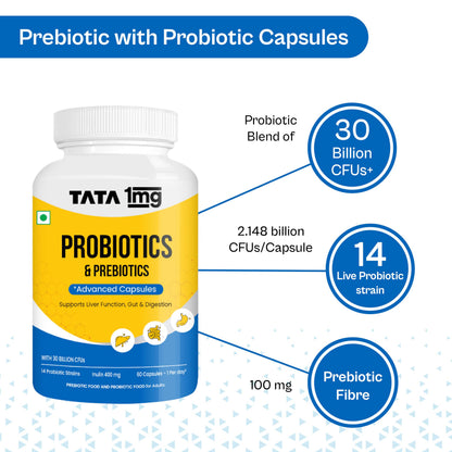 TATA 1MG Probiotic Capsules 30 Billion CFUs Plus Prebiotic Fiber, Adult Unisex Supplement - packaging (10)