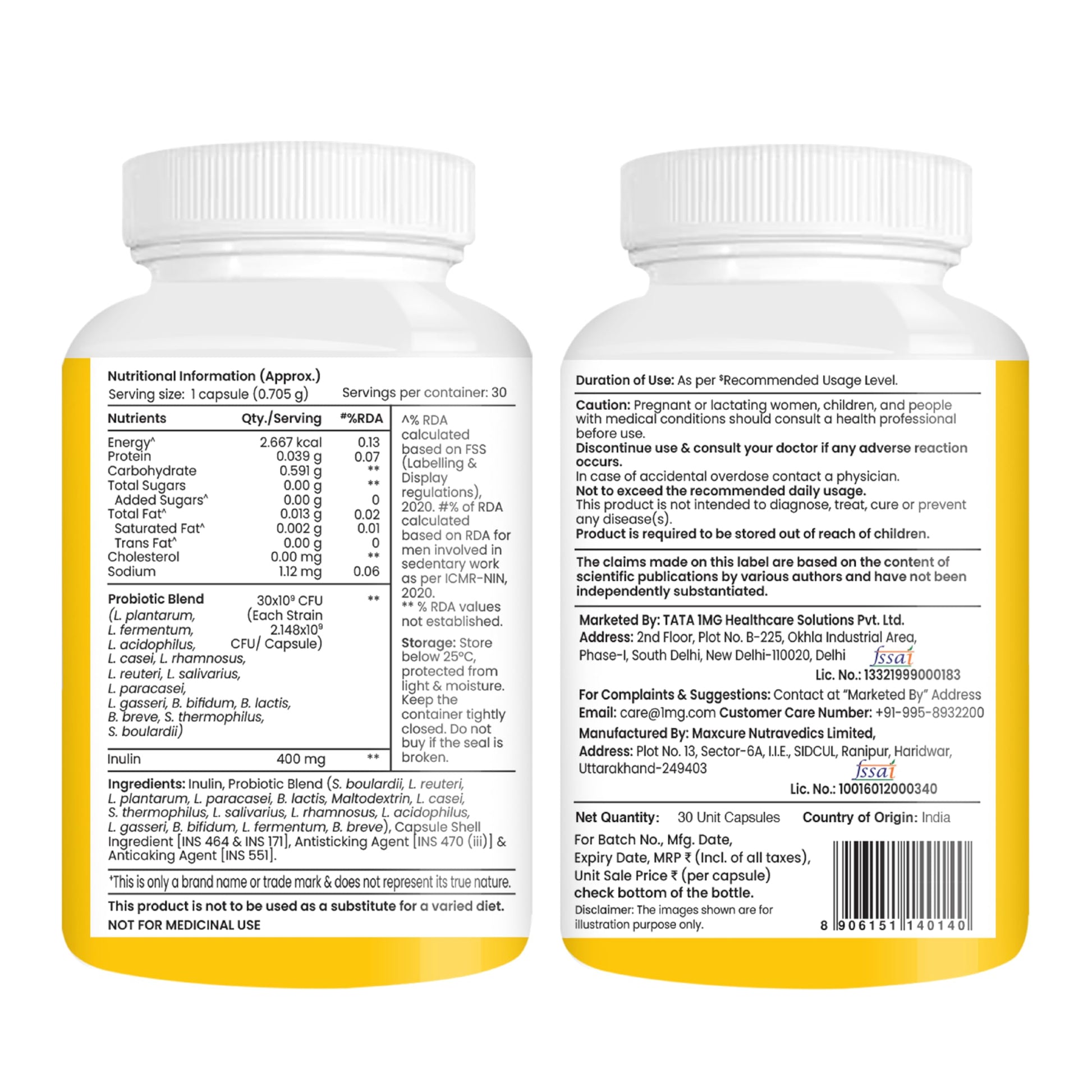 TATA 1MG Probiotic Capsules 30 Billion CFUs Plus Prebiotic Fiber, Adult Unisex Supplement - front view