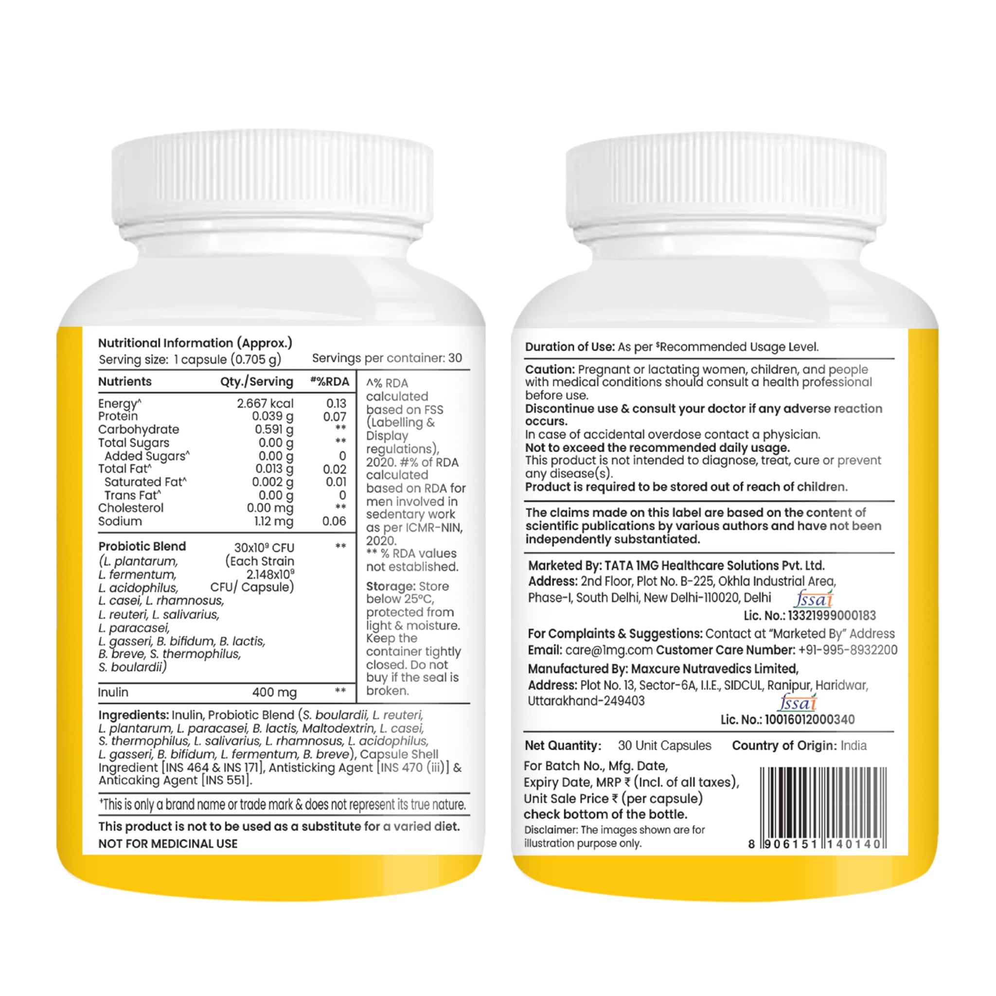 TATA 1MG Probiotic Capsules 30 Billion CFUs Plus Prebiotic Fiber, Adult Unisex Supplement - front view