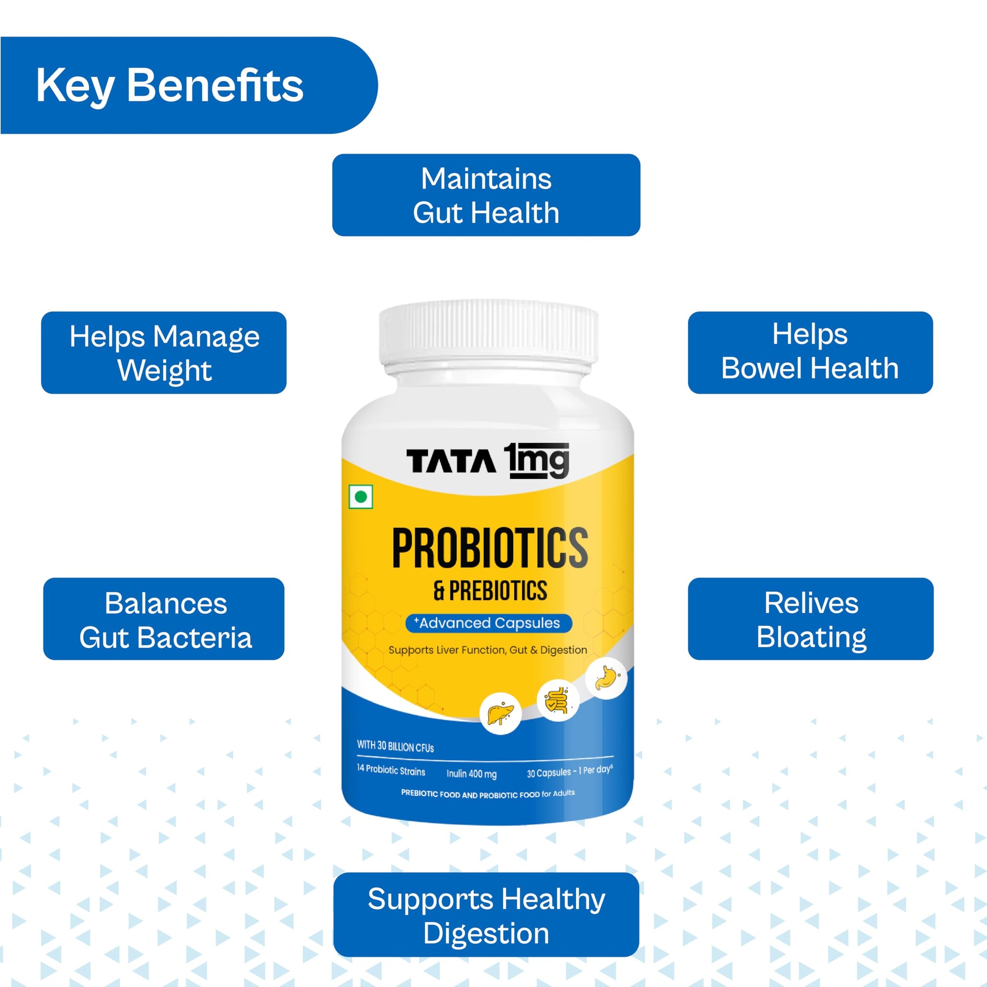 TATA 1MG Probiotic Capsules 30 Billion CFUs Plus Prebiotic Fiber, Adult Unisex Supplement - back view