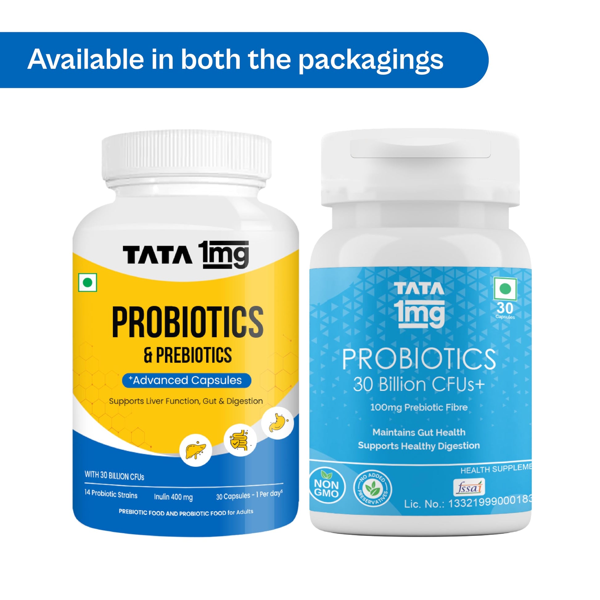 TATA 1MG Probiotic Capsules 30 Billion CFUs Plus Prebiotic Fiber, Adult Unisex Supplement - packaging