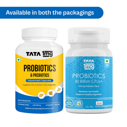 TATA 1MG Probiotic Capsules 30 Billion CFUs Plus Prebiotic Fiber, Adult Unisex Supplement - packaging