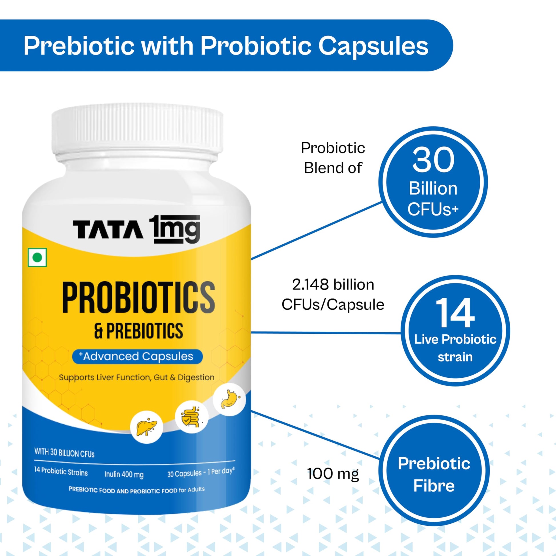 TATA 1MG Probiotic Capsules 30 Billion CFUs Plus Prebiotic Fiber, Adult Unisex Supplement - label detail